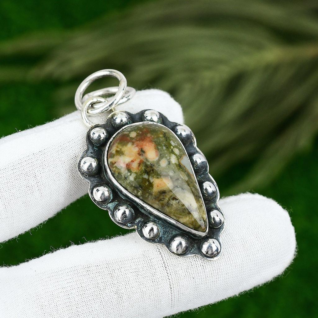 Rainforest Jasper Gemstone Engagement Wife Bezel New Pendant 925 Sterling Silver