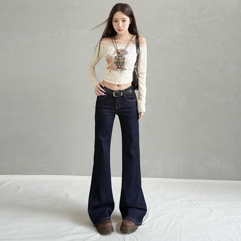 Women's Dark Blue Low-Rise Micro Flare Jeans - Autumn 2025 Slim Fit, Stretch Bell Bottoms