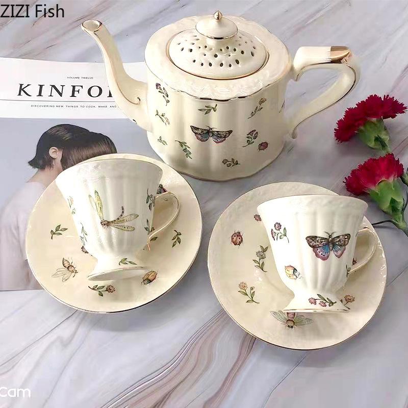 Butterfly Pattern Gold-plated Ceramic Cup&saucer Dining Table Coffee Cup Milk Mugs Afternoon Tea Teacup Fruit Juice Container