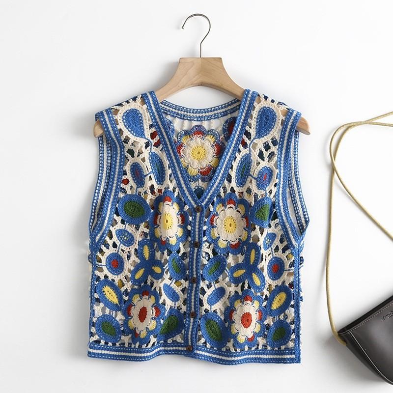 

Сексуальная открытая вязаная майка женская с цветными блоками корейская мода с v-образным вырезом и цветочным принтом женская укороченная майка в пляжном стиле, дропшиппинг One Size синий