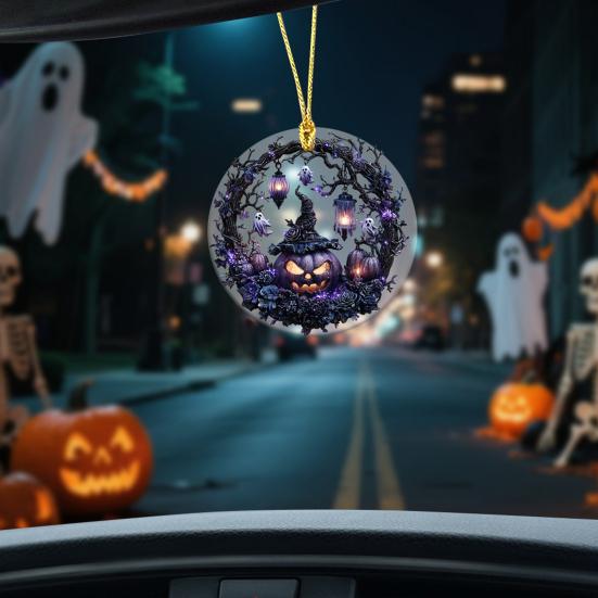 Pumpkin Witch Decoration Halloween Hanging Ornament 2D Flat Acrylic Pendant for Car Interior Rearview Mirror Backpack Key Ring