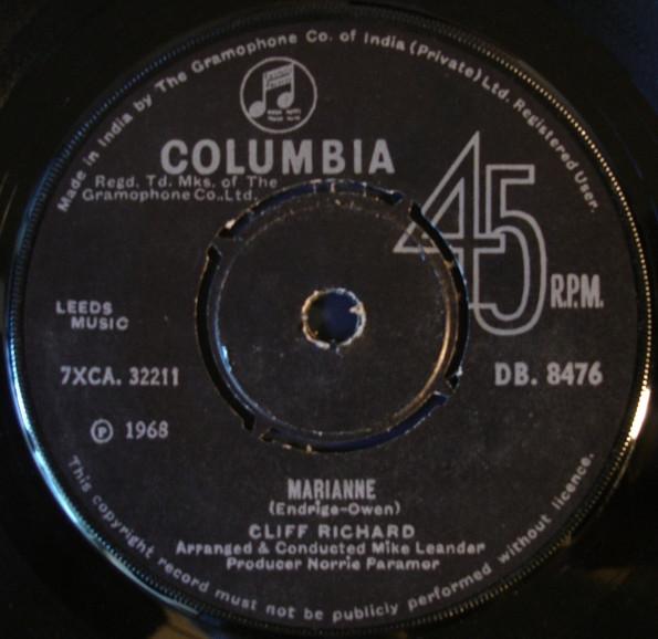 

7-дюймовая пластинка CLIFF RICHARD Marianne DB8476 Columbia 1968 Индия Рок Б/у