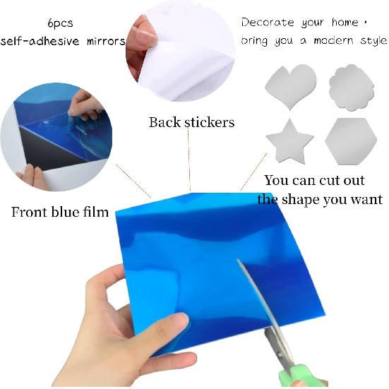YVPSI 6 PCS 8''x6'' Self Adhesive Acrylic Mirror Tiles Small Frameless Mirrors Flexible Mirror Sheets Wall Stickers Non Glass Mirror Panels for