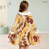 Girls Long Sleeve Faux Fur Collar Abstract Printed A Line Flared Dress With Waist Bow