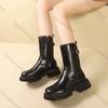 Comemore Womens Mid-calf Boots Leather Chelsea Female Solid Color New Autumn Shoes Side Zip Thick Heeled Bota Feminina