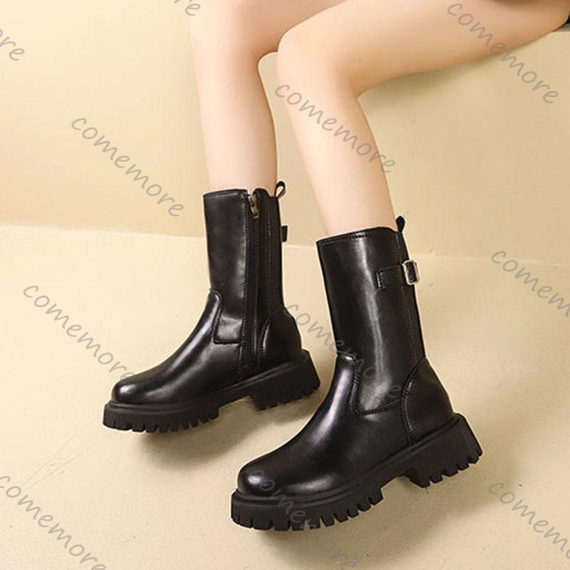Comemore Womens Mid-calf Boots Leather Chelsea Female Solid Color New Autumn Shoes Side Zip Thick Heeled Bota Feminina