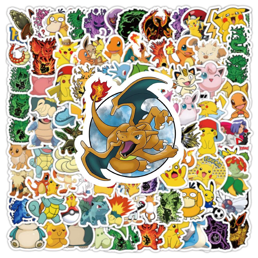 100PCS Kawaii Pikachu Anime Pokemon Stickers for Laptop Suitcase Skateboard Guitar Phone Cartoon Sticker Kid Gift Toys