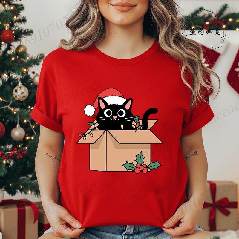 Kitten Xmas Tree Unisexs Casual TShirt Black Cat Christmas Graphic Print TShirts Tops Meowy Xmas Lights Novelty TShirt Tops