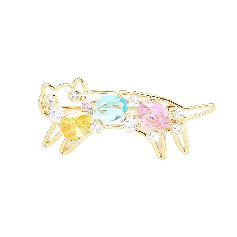 Temperament Niche Sweet Colored Diamond Inlaid Stretching Kitten Brooch Cute Versatile Animal Pet Pin Female
