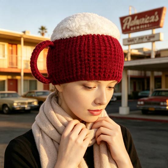 Beer Mug Leg Warmers Funny Hat, Novelty Knitted Unique 3D Cup Headwear with Handles, Winter Warm Gloves for Adults, Men And Women Cozy Thanksgiving