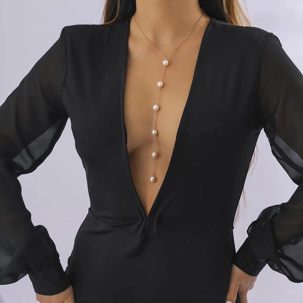 Popular simple fashion imitation pearl necklace women's sexy fringed pearl breast chain