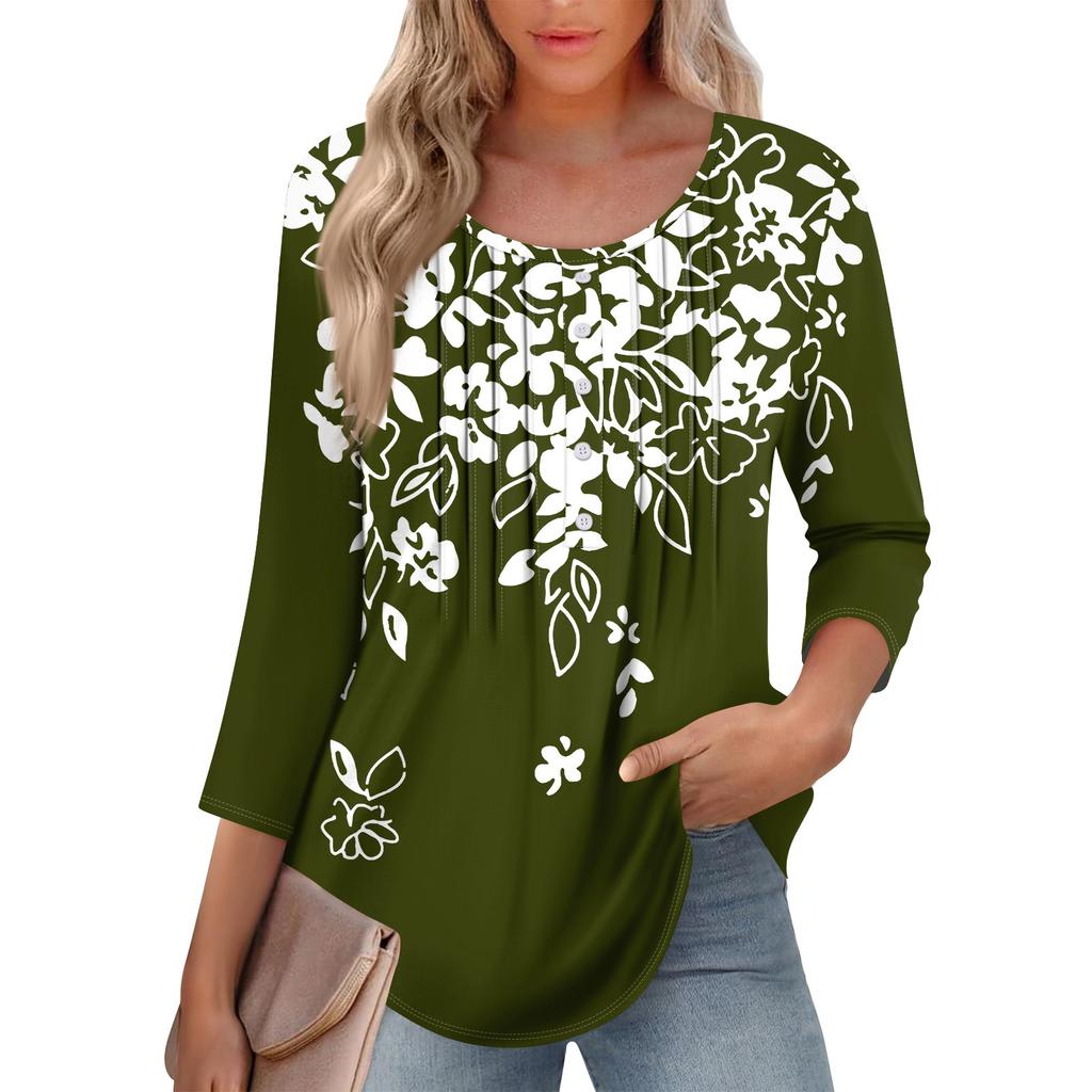 Women's Round Neck Pull Stripe Decorative Button Top Casual Color 3/4 Sleeve T Shirt
