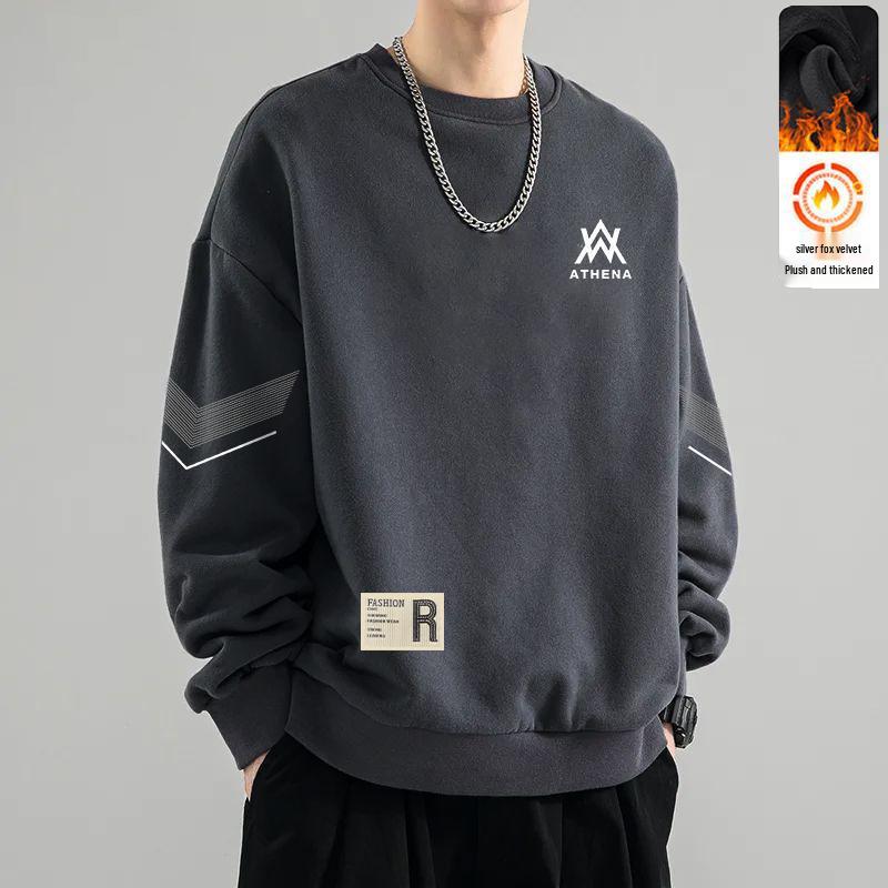 Men's Round Neck Plus Velvet Sweatshirt - Autumn/Winter Loose Fit Long Sleeve Pullover, Casual and Trendy Base Layer