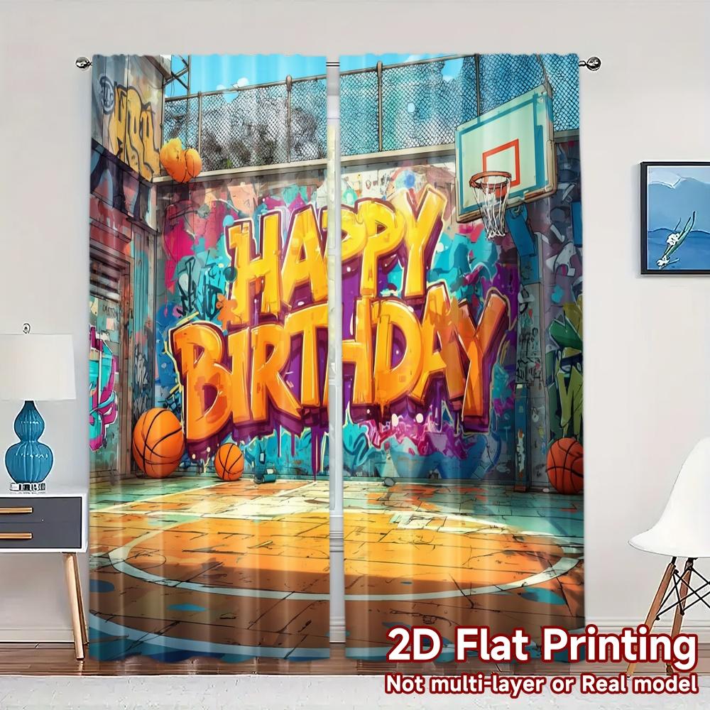 

Set Of 2 Minimalist Flat Printing Curtains Without Rod Graffiti Hoops Popular Versatile Polyester Fabric Curtain W100*H70(CM)-Hooks&1PCS