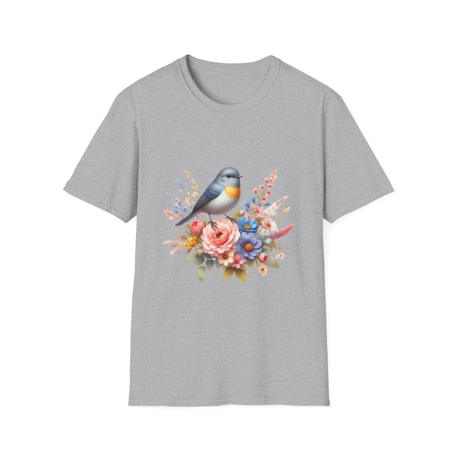Floral Bird T-Shirt, Nature Lover Gift, Spring Apparel, Eco-Friendly Tee, M