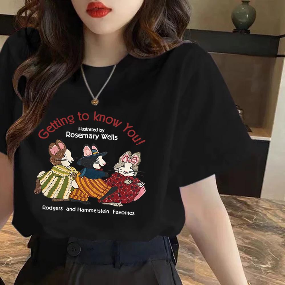 Pure Cotton Short-sleeved T-shirt for Women In Summer New Printed American Slim Shoulder Half-sleeved Round Neck T-shirt