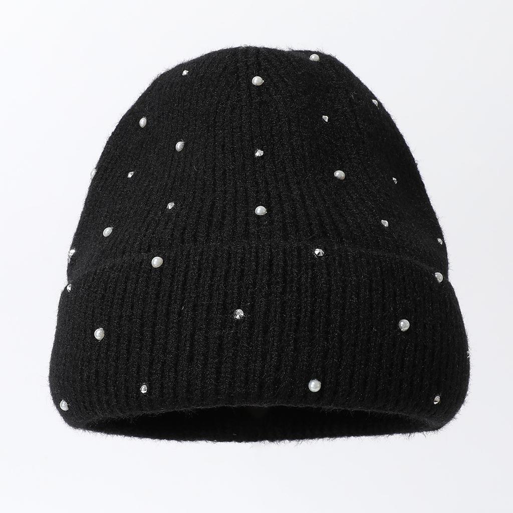 Solid Color Knitted Hat Big Head Versatile Warm Elastic Pullover Hat Bead Cold Hat