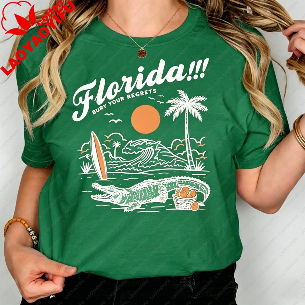 Funny Florida Bury Your Regrets Graphic Tshirt Summer Vacation Unisex Cotton Short Sleeve Florida Getaway Casual Daily Outfit