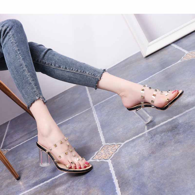 Women Slippers Shoes Rivet Transparent Cross Straps Ladies Round Toe Female Summer Plus Size Casual Fashion Slip On