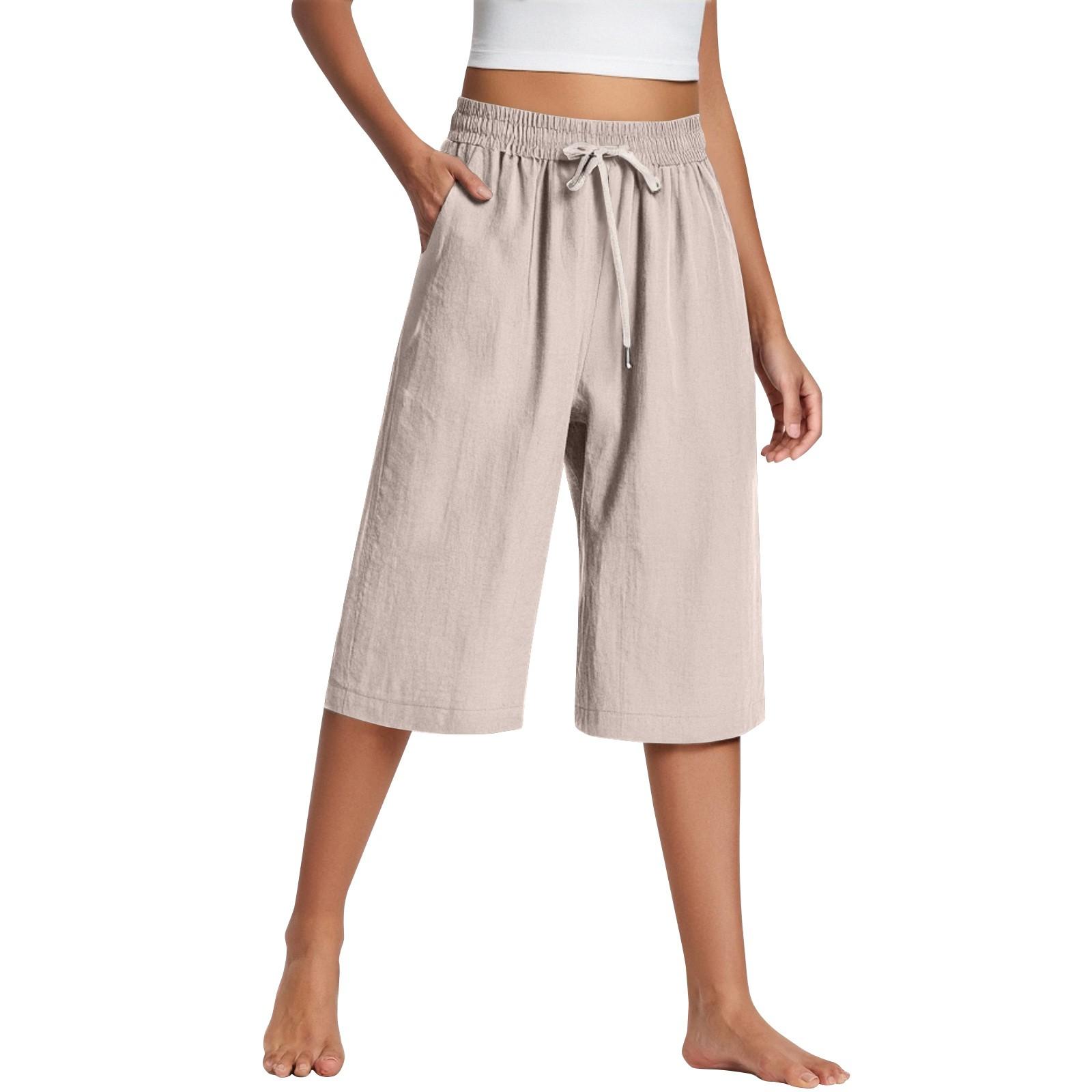 

Женские широкие брюки с карманами, легкие, с высокой талией, свободные, укороченные брюки с поясом XXXL бежевый