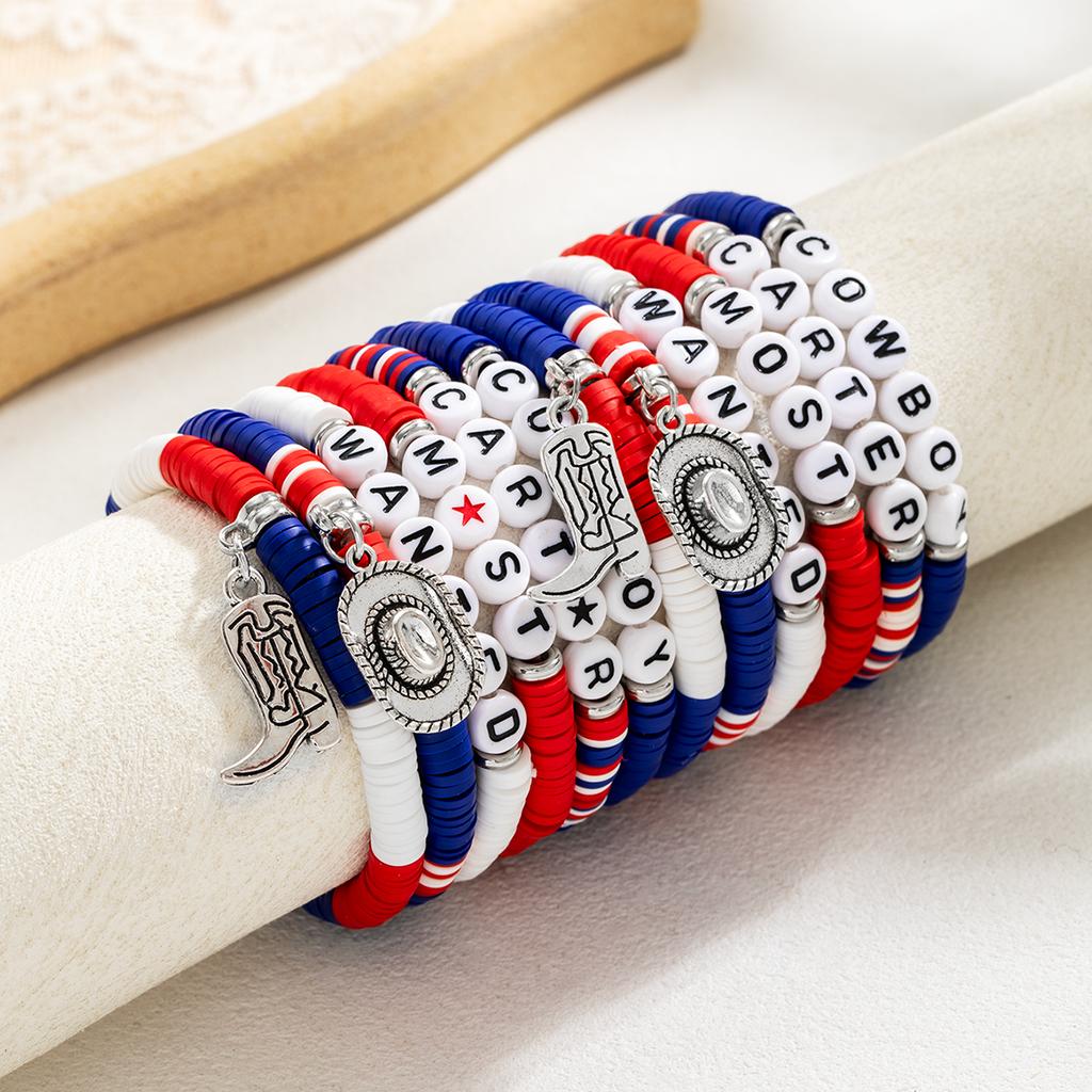 6 pieces of Independence Day color matching soft ceramic bracelet, multi-layer stacked Western style cowboy hat boots bracelet