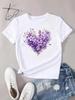 Unisex T-shirt z nadrukiem serca i kwiatów, letnia odzież unisex, okrągły dekolt, krótki rękaw, topy, koszulki, estetyczne ubrania