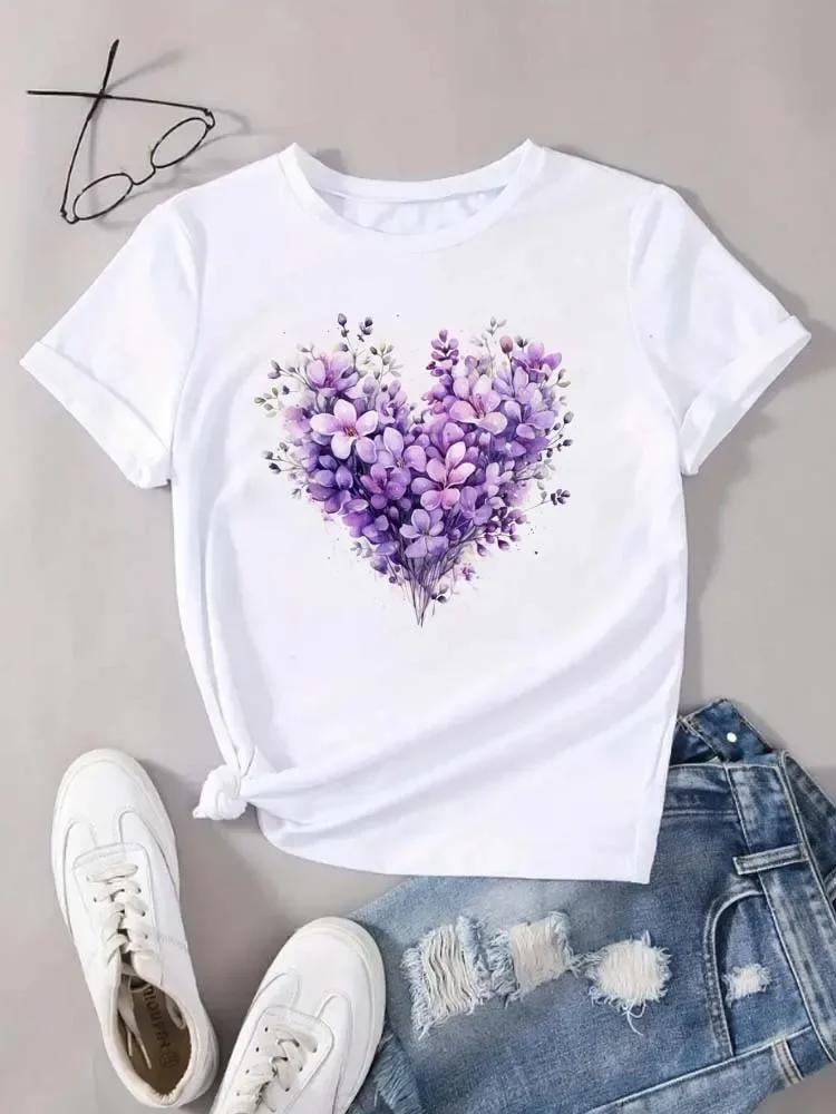 Unisex T-shirt z nadrukiem serca i kwiatów, letnia odzież unisex, okrągły dekolt, krótki rękaw, topy, koszulki, estetyczne ubrania