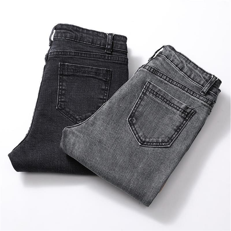 Women's High-Waisted Black-Grey Frayed Denim Jeans - Slim Fit, Korean Style, Spring 2025 Edition, Trendy Nine-Tenths Length.