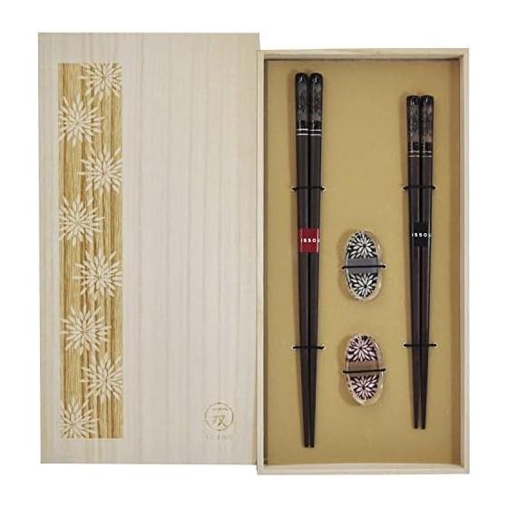 A Pair of Lacquered Chopsticks with Chopstick Rests in a Paulownia Box - Hanahanabi Design, 2 Pairs, Made in Japan