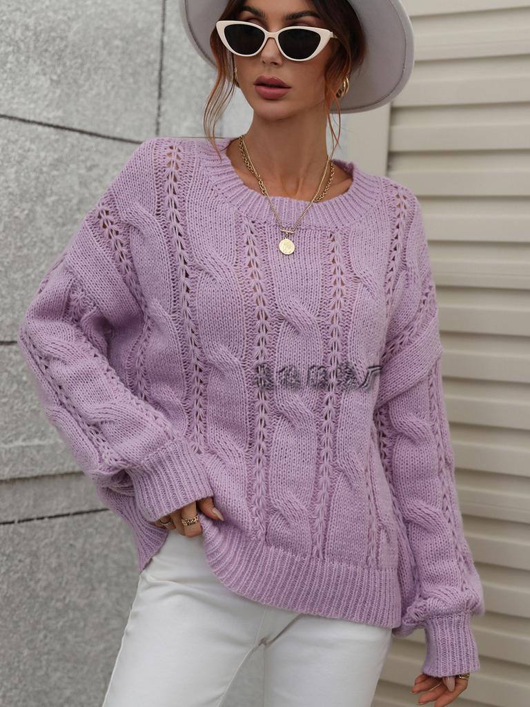 Autumn and winter new sweater twisted rope solid color loose large size crew neck knitted sweater women