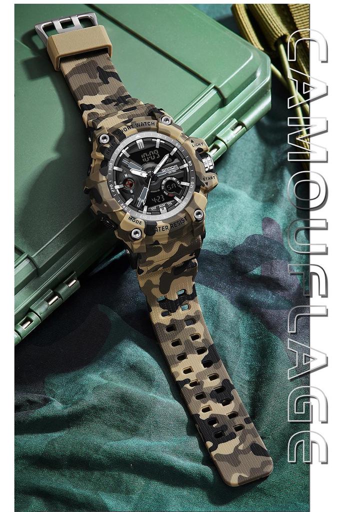 Sanda Men's Multifunctional Camouflage Outdoor Sports Watch – Waterproof with Dual Display and Alarm Clock.