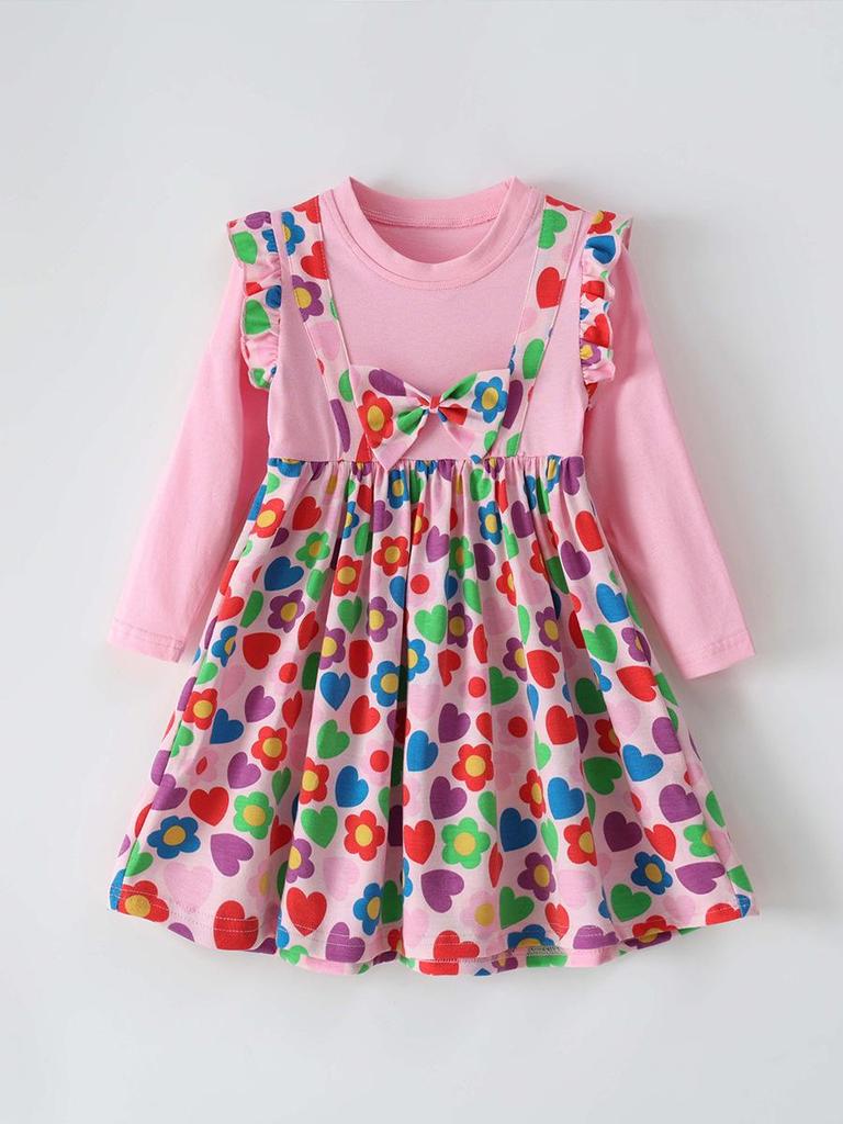 New Autumn European & American Style Girls' Floral Bow Long-Sleeve Princess Dress
