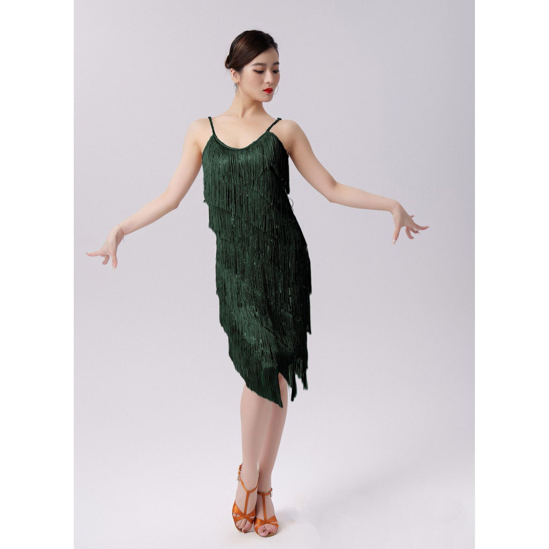 Латинское весеннее платье с пайетками и бахромой, танцевальное платье, для вечеринки XS темно-зеленого