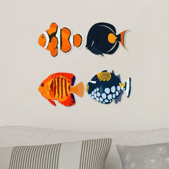 4 Stück Holzfisch Nautische Wanddekoration Rustikal Fischschwarm Wandkunst Küstenthema Ozean Wandskulptur für Seehaus Zuhause Badezimmer Schlafzimmer