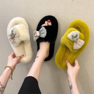 Mode Nouvelles Hiver Fille Mignon Nœud Papillon Semelle Épaisse Pantoufles en Coton Femmes Confortables Maison Intérieur Pantoufles Épaisses Peluche Chaudes