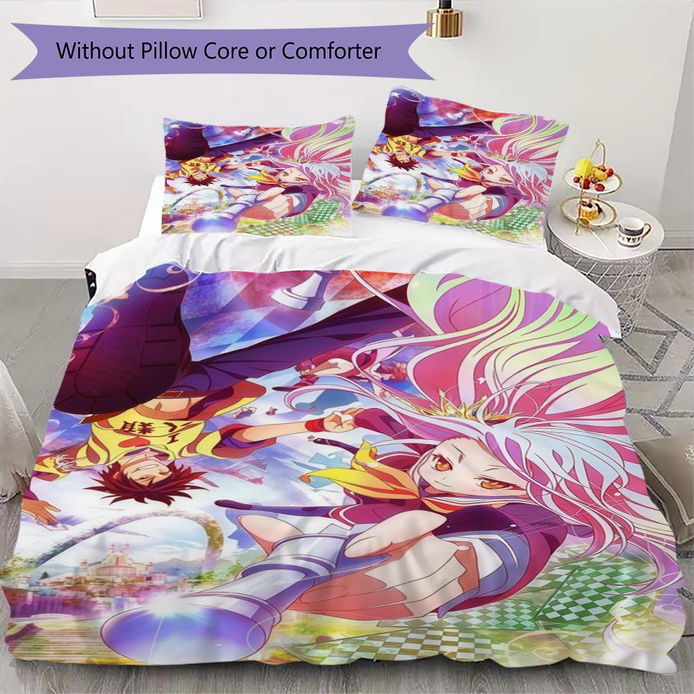 No Game No Life Pattern Bedding,Quilt Set Quilt Cover Pillowcase Home Birthday Gift(1 * Duvet Cover + 2 * Pillowcase, Without Core)_lx