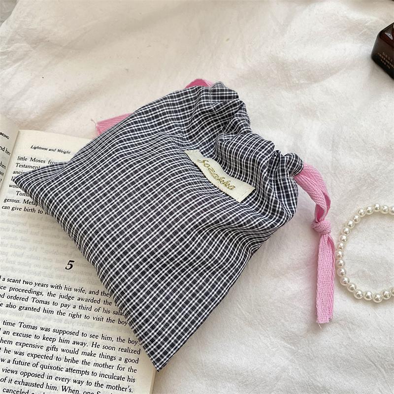 Checkered Pattern Lipstick Makeup Bag With Drawstring Simple Jewelry Handbag Large Capacity Storage Pouch