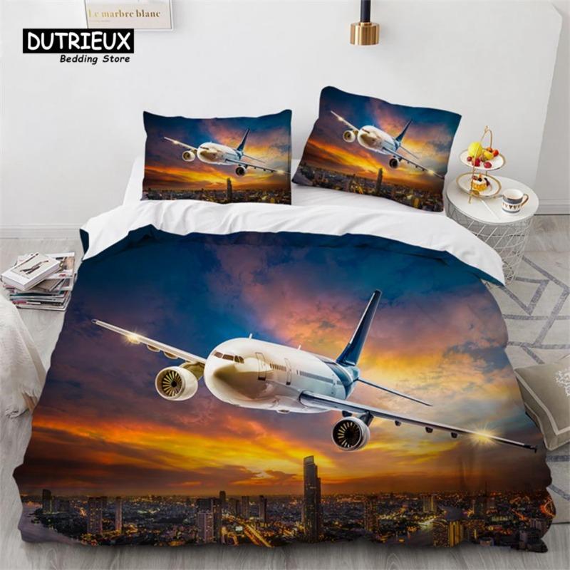 Boys Airplane Duvet Cover King Queen Polyester Aviation Aircraft Runway Bedding Set Sky Scenery Bedspread Cover with Pillowcase Gift