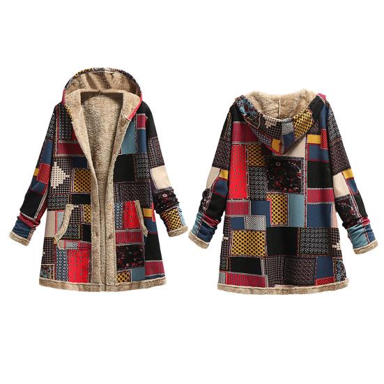 Women Overcoat Keep Warm Hooded Polyester Ethnic Pattern Winter Coat for Daily