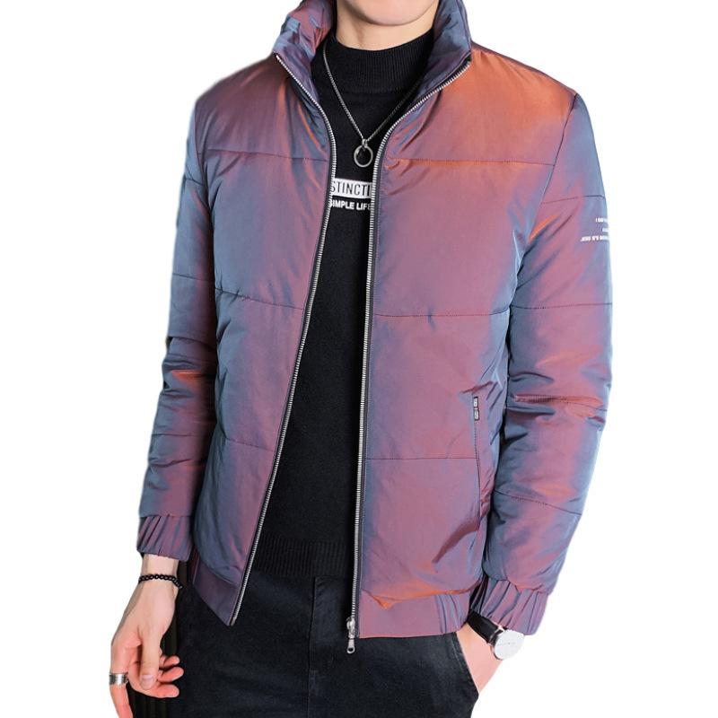 Men's Autumn and Winter New Cotton Clothes Reflective Discoloration Handsome Stand-up Collar Slim-fitting Trendy Cotton-padded Jacket Casual Jacket