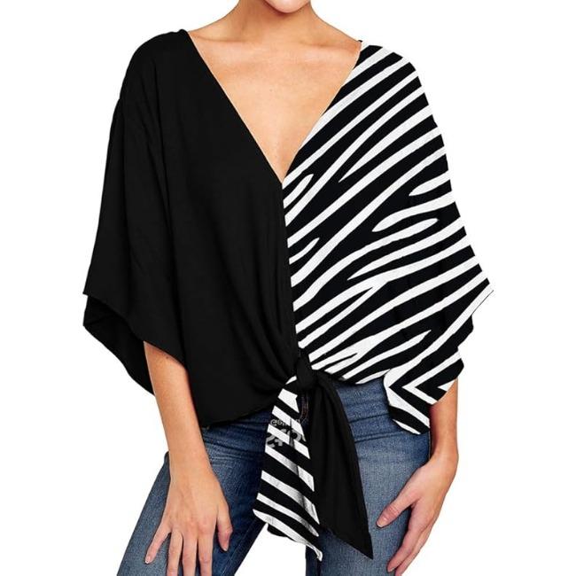 Damen Casual Blumenhemd Sommerstil V-Ausschnitt Kurzarm Fledermausärmel Lockeres Hemd Bohemian Stil Frontknoten Oberteil