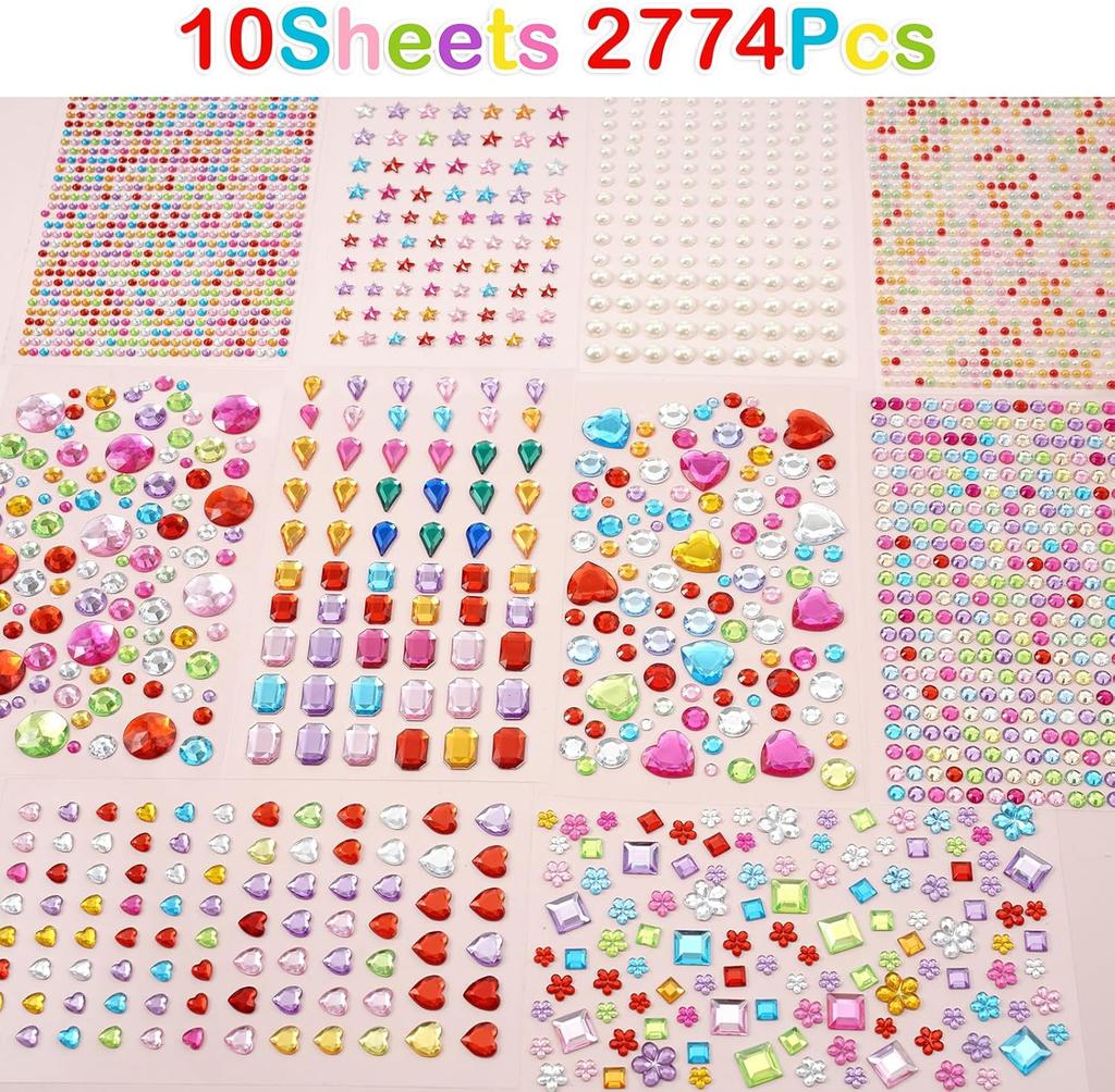 2774pcs Acrylic Gem Stickers 10 Sheet Multi-Color Self-Adhesive Rhinestone with Pearl Heart Star Flower Shapes for Craft DIY Scrapbooking Beda