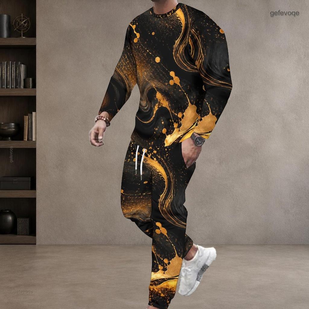 Men s Plus Size Nebula Printed Two Piece Set Round Neck Long Sleeve Top Cuffed Pants