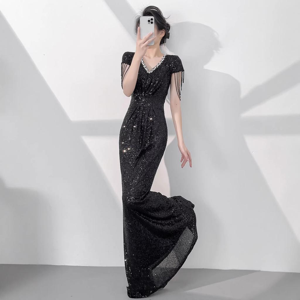Black evening dress women's annual meeting 1011 new high-end light luxury niche host fishtail sequined skirt shoulder tassel