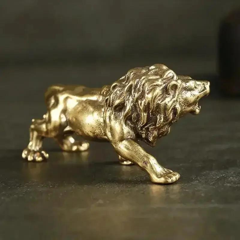 Antique Bronze Male Lion King Statue Small Ornaments Solid Copper Mountain Lions Miniature Figures Brass Sculpture Crafts Decor