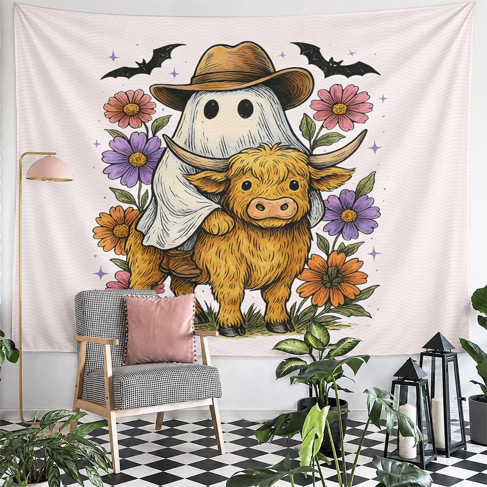 Ghost Cowboy Riding Highland Cow Pattern Wall Hanging Tapestry Decorative Tapestry Home Decor for Bedroom and Living Room
