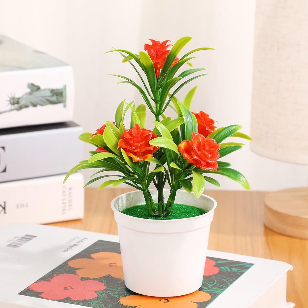 New 6 Colors Artificial Potted Plant 12*17cm Plastic 5 Head Roses Office Table Decor Fake Plants Wedding Home Hotel Decor