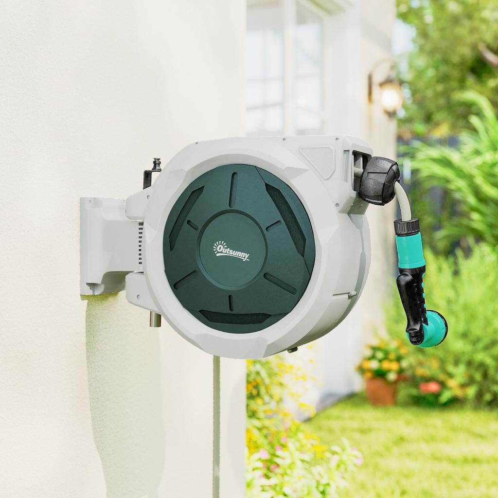 Wall-Mounted Watering Hose Reel 30 m x Ø 15 mm Automatic Retractable Water Hose Reel Automatic Grey