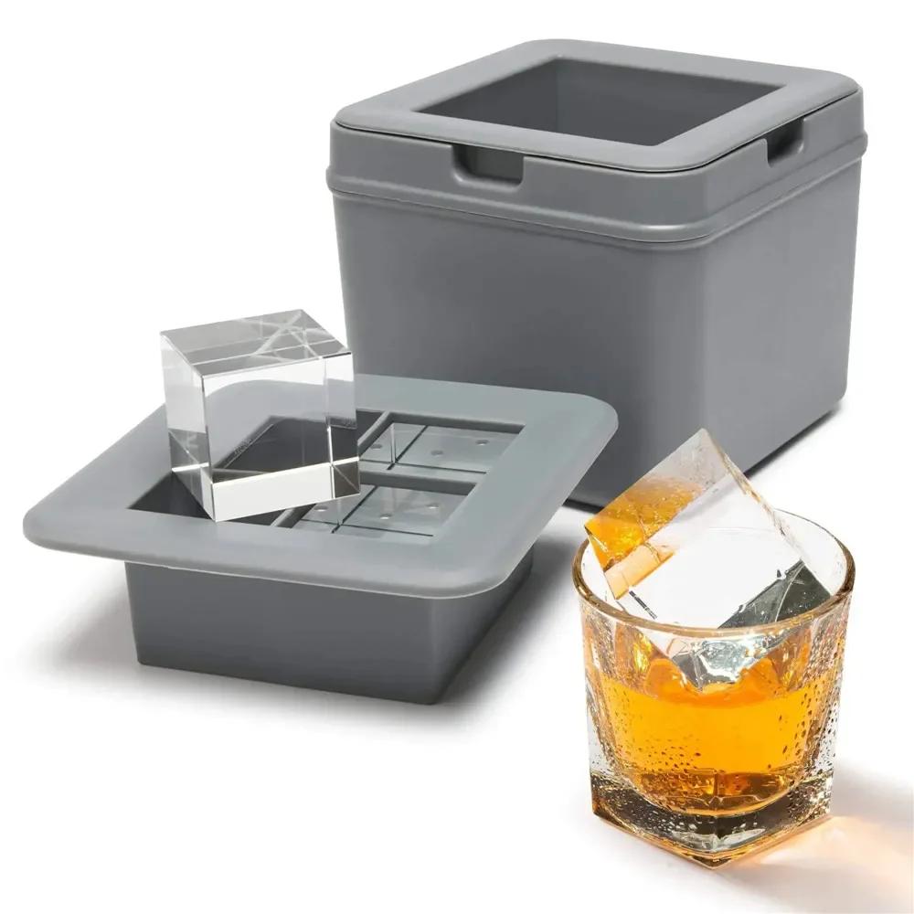 

4 Large Square Crystal Clear Ice Cube Maker Easy Release BPA Free Silicone Cocktails Drinks Whiskey серый