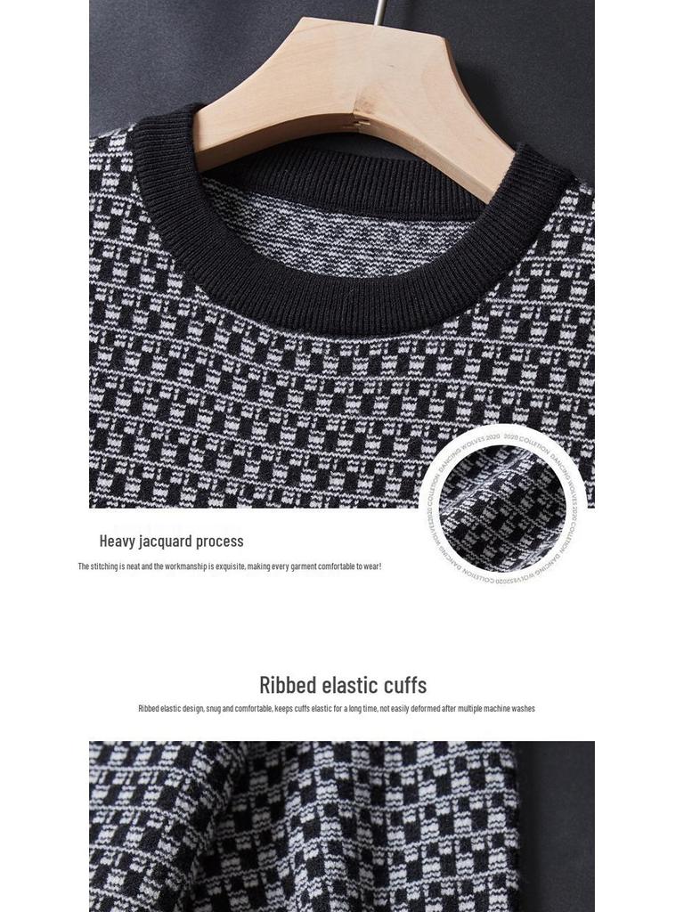 Men's Short Sleeve Jacquard Sweater: Autumn/Winter Round Neck Light Luxury Knit Undershirt